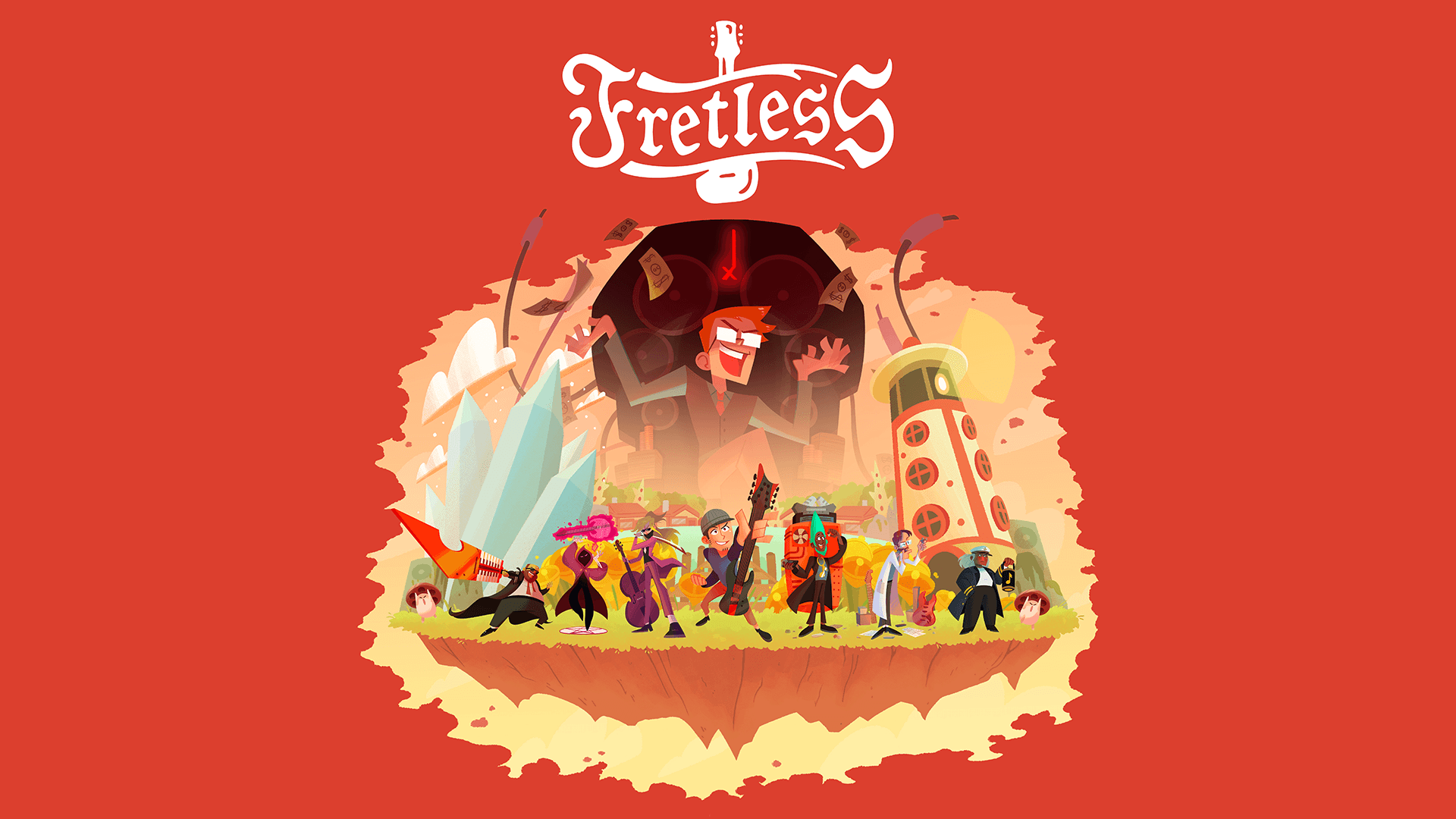 Fretless: The Wrath of Riffson key art. Several characters lined up in a row underneath a cackling man with glasses. The background is red and the game title, "Fretless" is at the top.