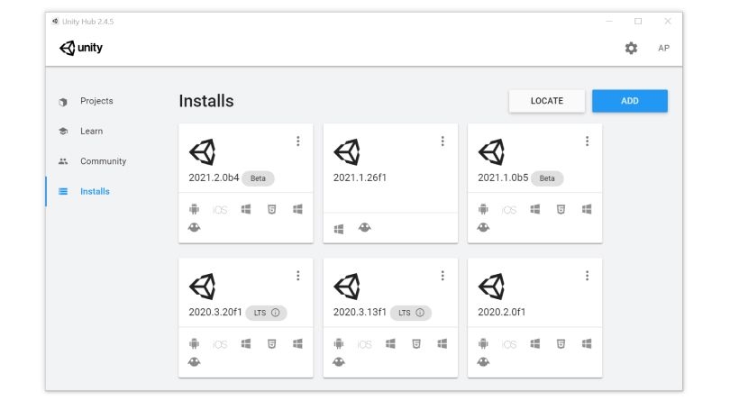 Screenshot der Unity Hub Installationen