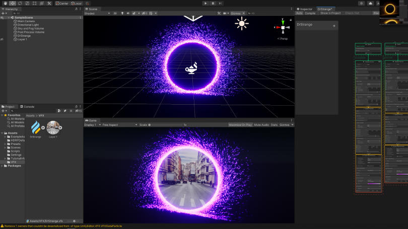 Unity editor with a scene with a portal