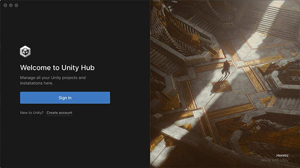 A tela de login do Unity Hub.