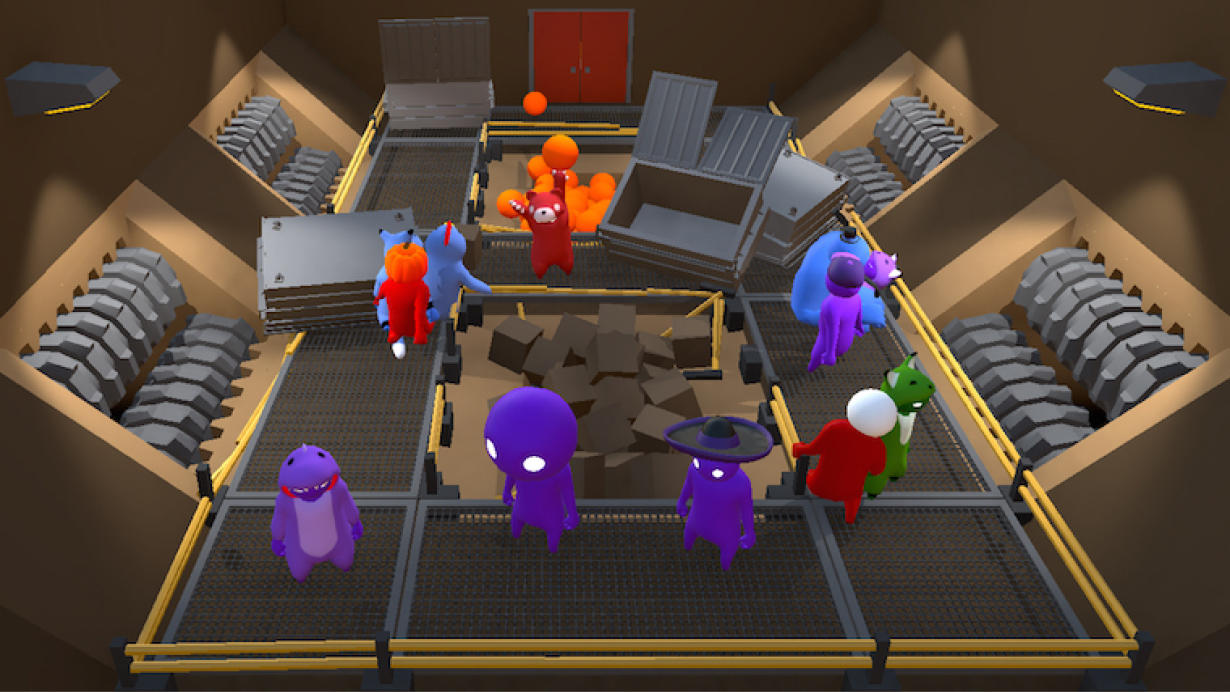 Gang Beast characters in a machinery room