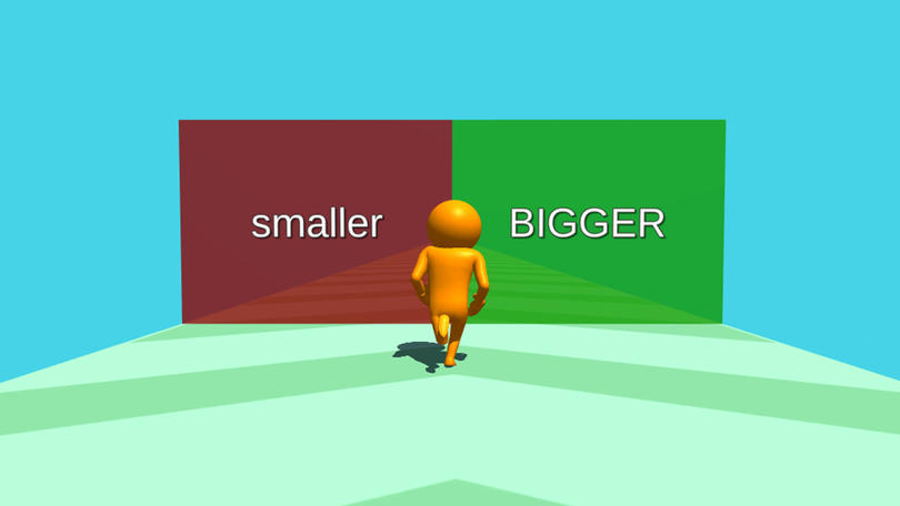 Personagem do jogo correndo em direção a uma estrutura maior ou menor