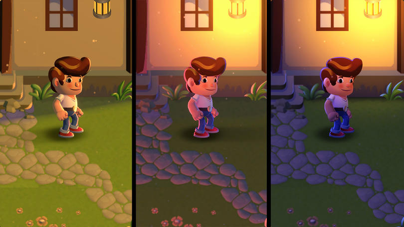 2D-Charaktere in 3 Szenen mit unterschiedlichen Beleuchtungen