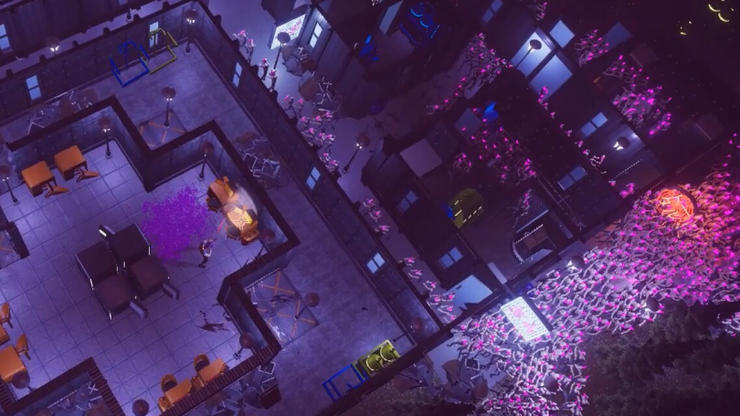 Escena de juego púrpura con habitaciones y plantas brillantes